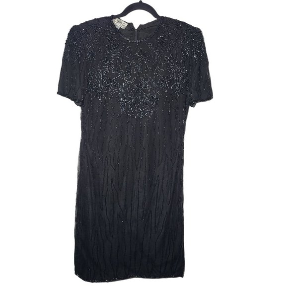 Vintage JMD Womens Black Beaded Short Sleeve Silk Midi Dress Size Small Glam - Picture 1 of 10